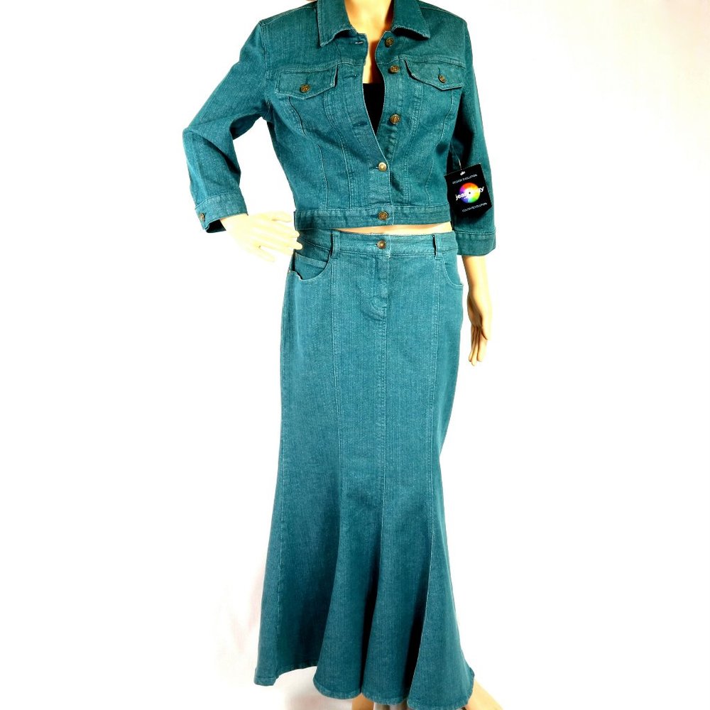 Jeanology Collection Denim Set Jacket and Long Flare Skirt Teal Colored Denim